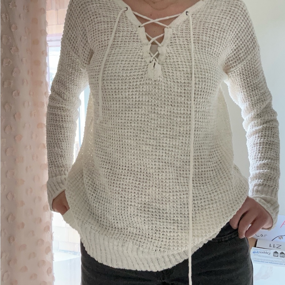 Women's Cream Lace-Up Sweater
